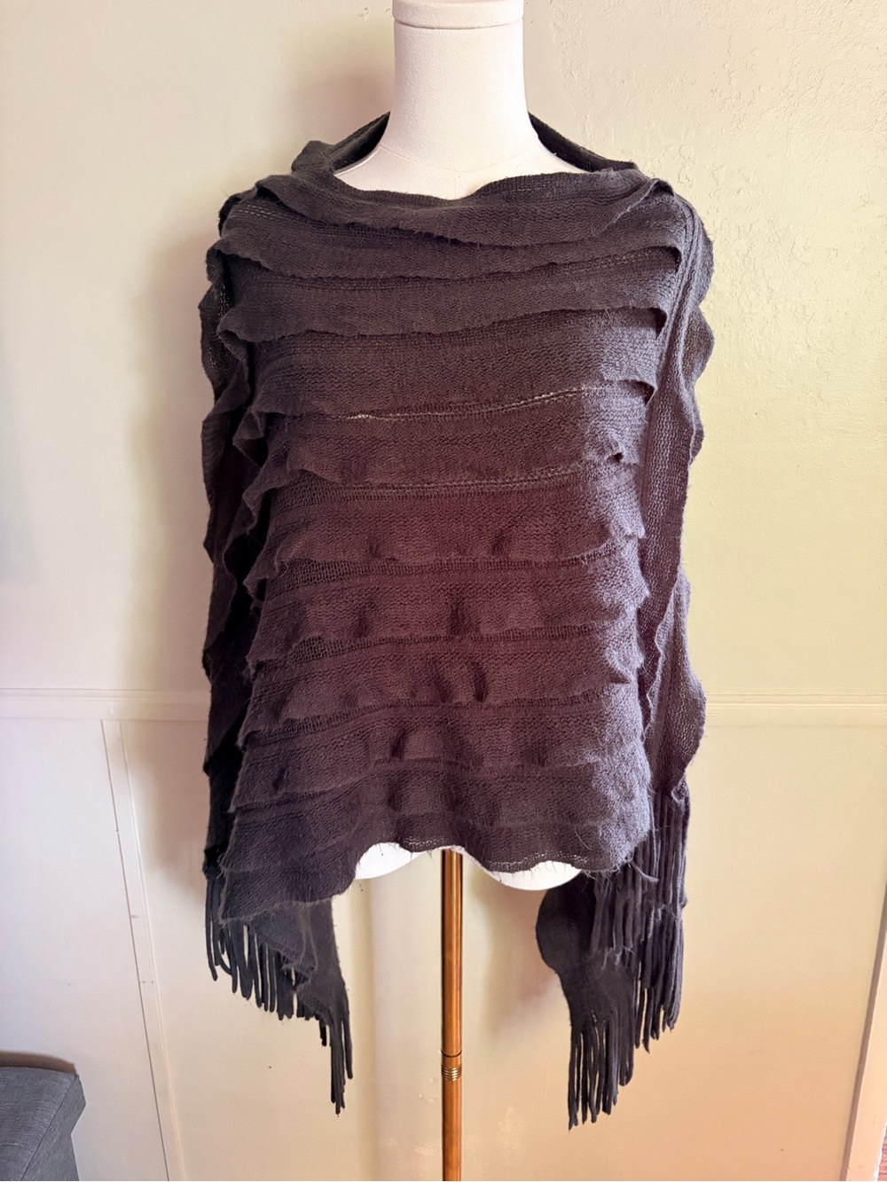 Max Edition Charcoal Layered Fringe Knit Poncho